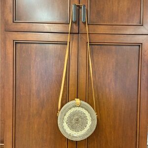Round Woven Tan Crossbody Bag
